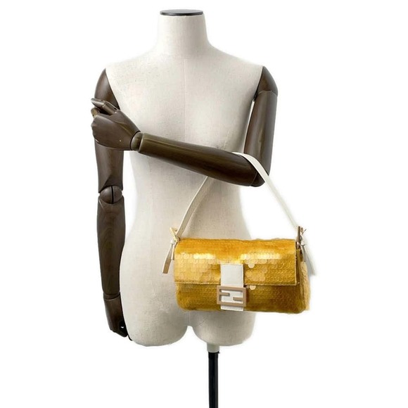 Fendi Baguette Sequin Satin Python Shoulder Bag White - Picture 4 of 12